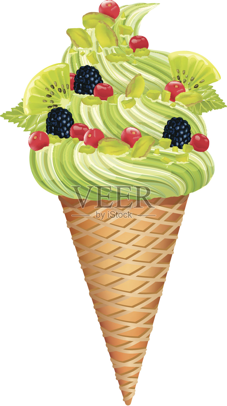 开心果冰淇淋配猕猴桃插画图片素材