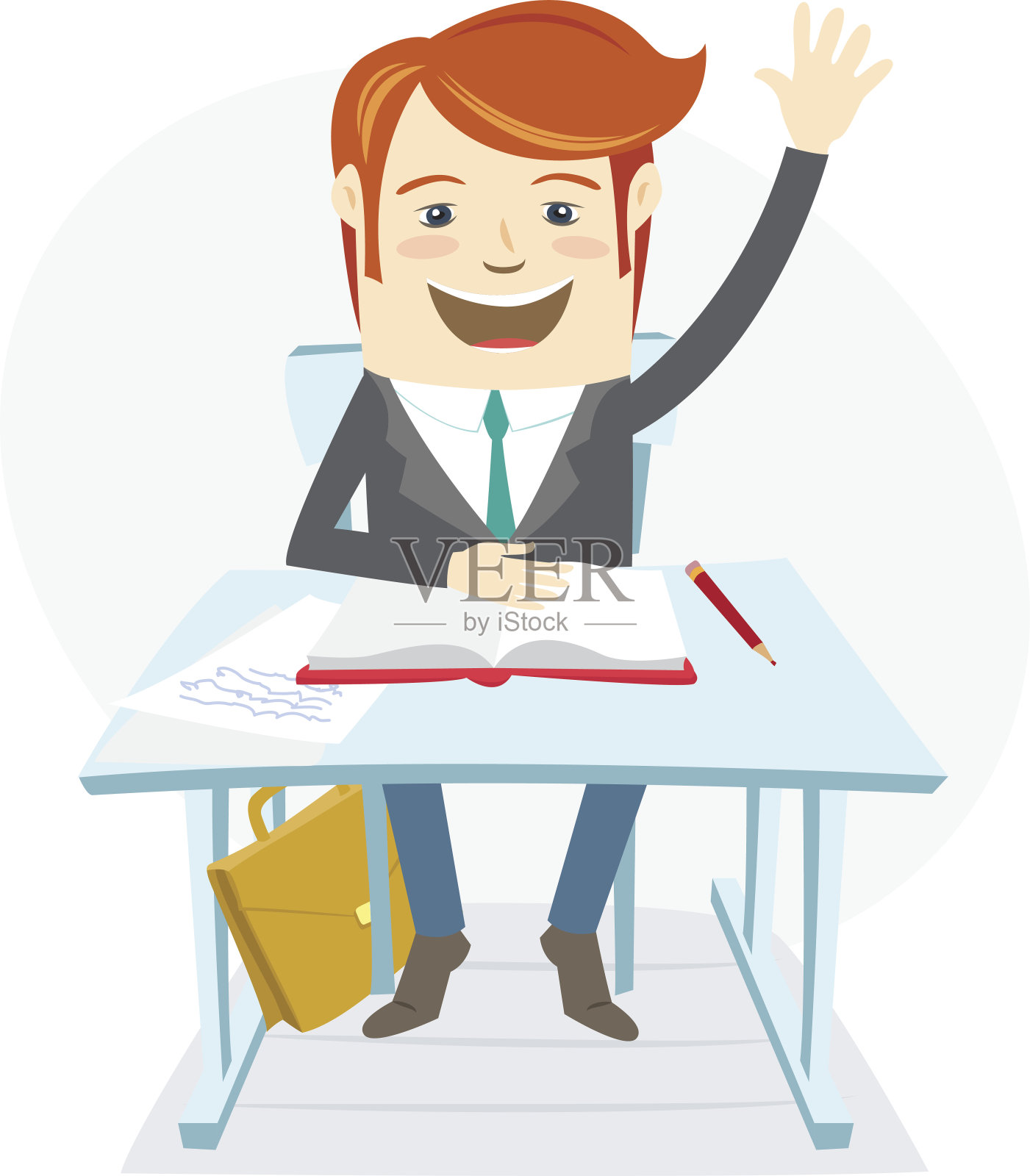 微笑的学生举起他的手在桌子上插画图片素材