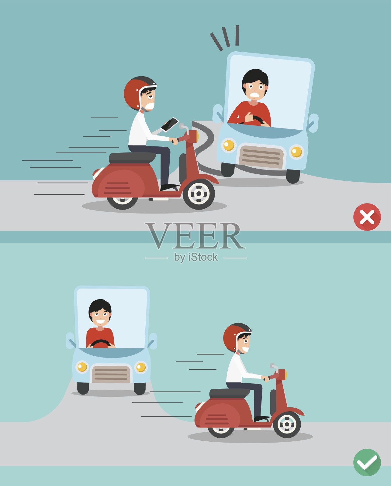 不许发短信，不许说话。正确和错误的方法骑摩托车防止事故插画图片素材