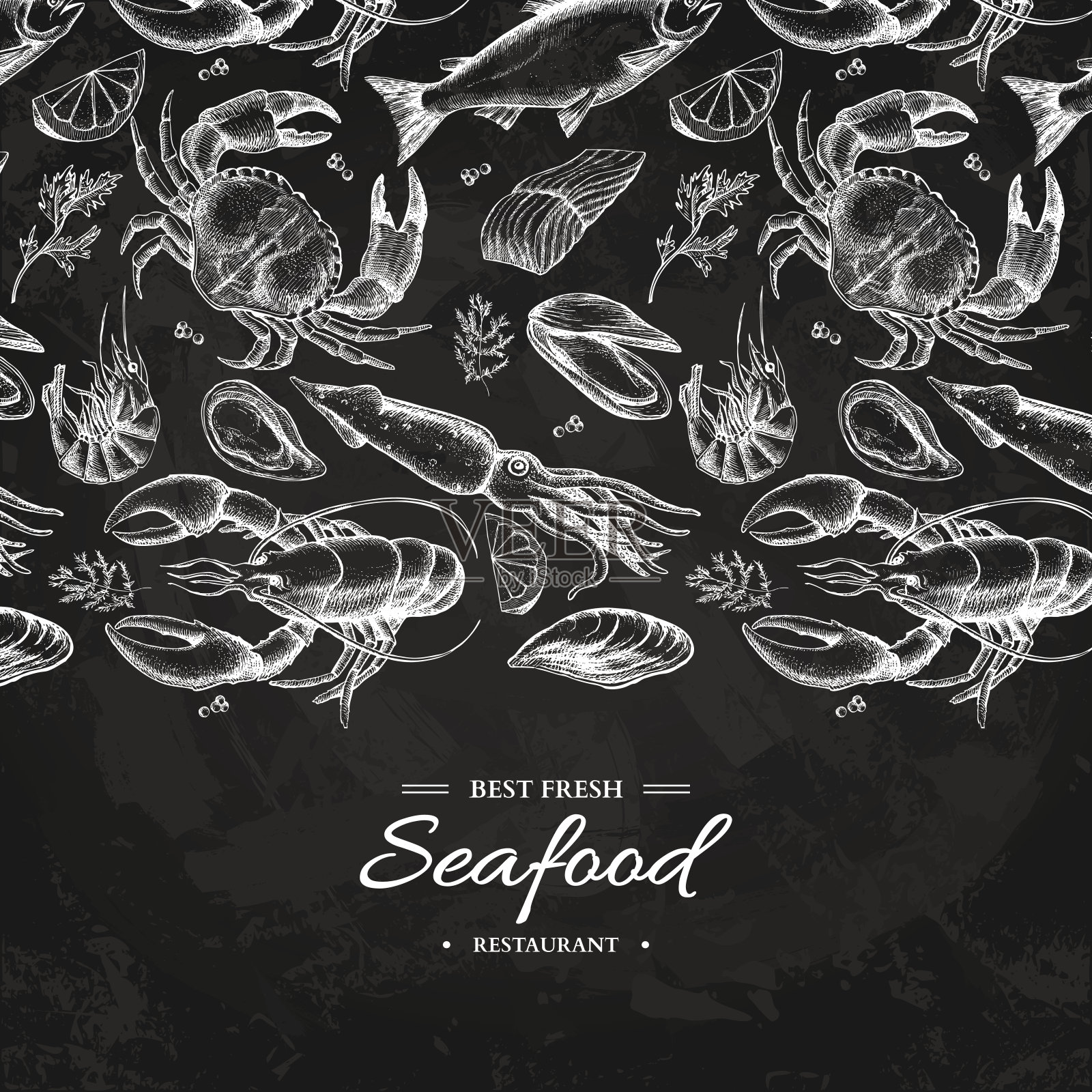 海产品手绘矢量图。蟹，龙虾，虾，牡蛎，贻贝，鱼子酱和鱿鱼插画图片素材