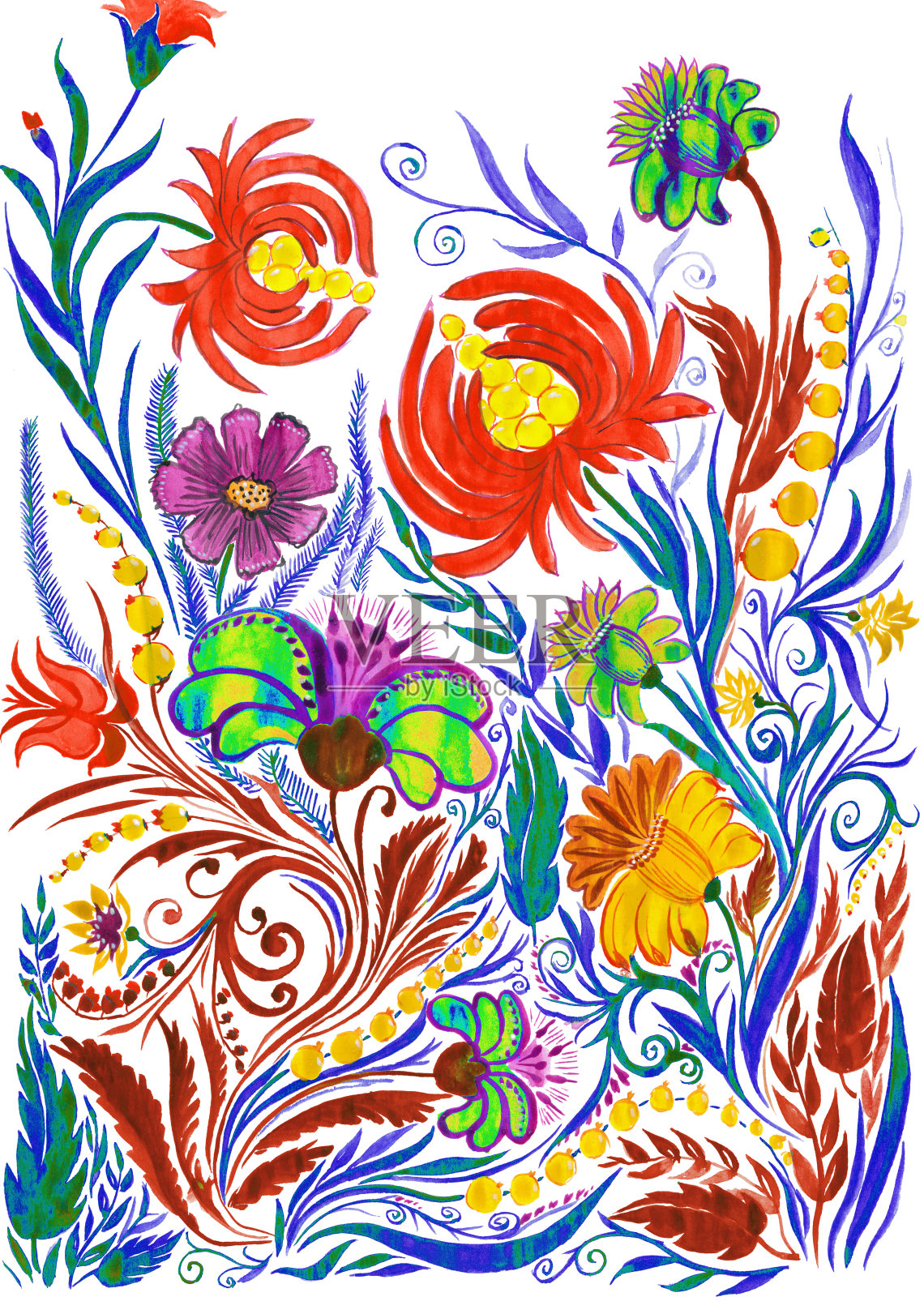 抽象花卉背景，水彩画在纸上插画图片素材