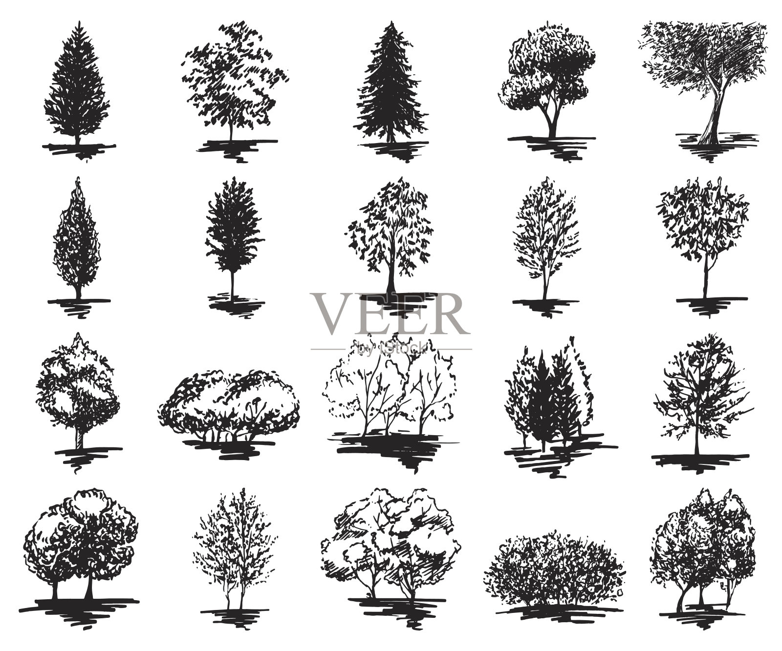单色树剪影素描线艺术集孤立向量设计元素图片