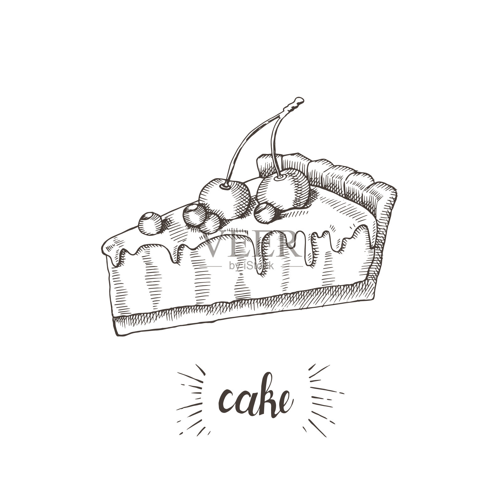 手绘蛋糕与奶油，樱桃和蓝莓。设计元素图片
