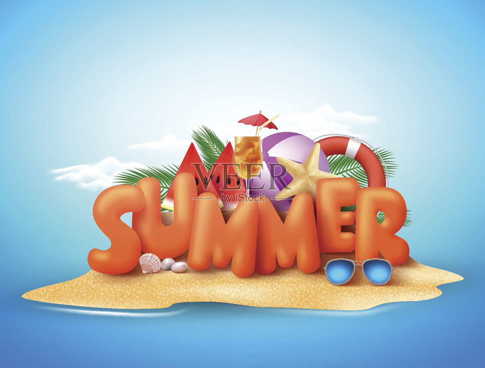 夏日矢量设计的3d夏季文字在海滩插画图片素材