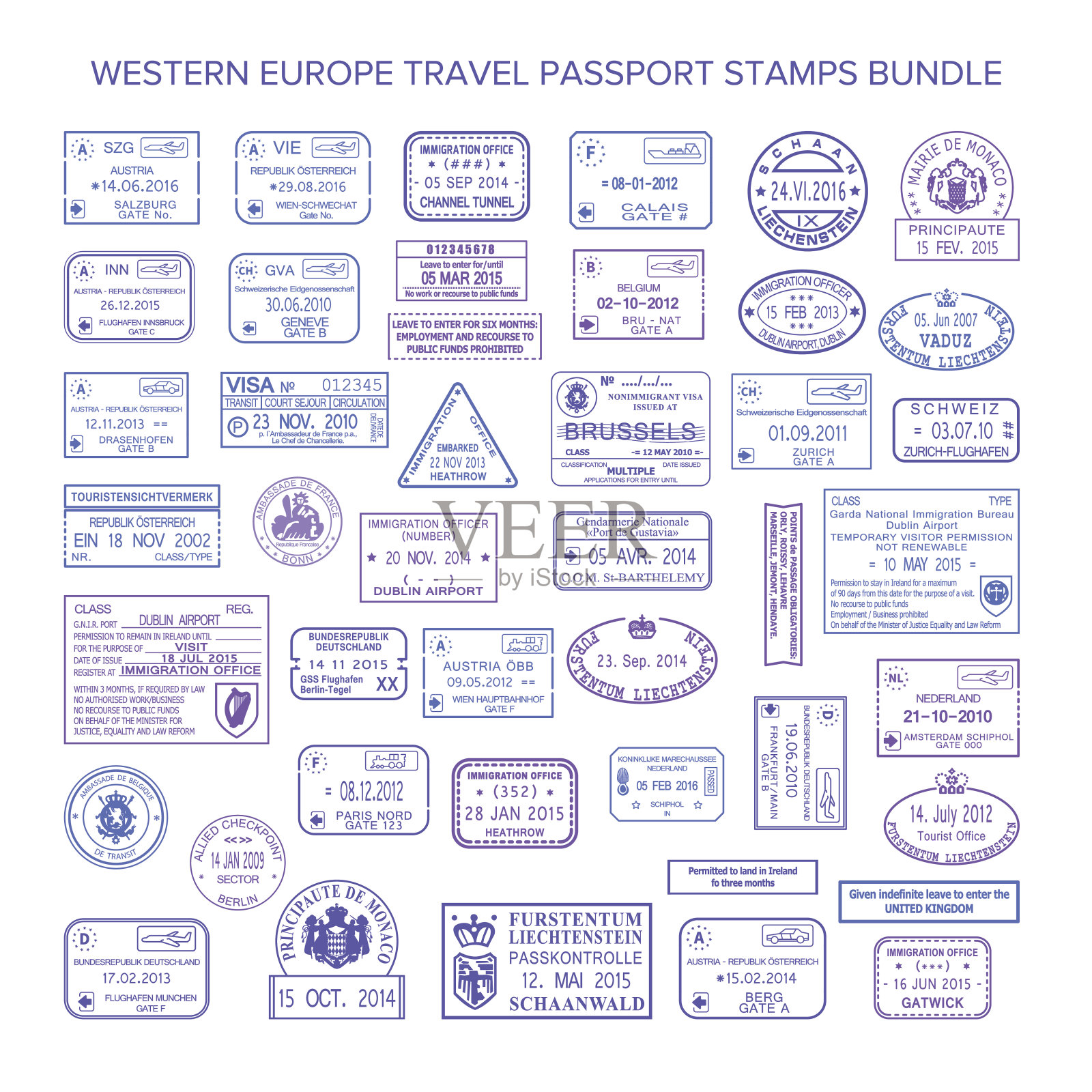 矢量西欧普通旅游签证邮票套插画图片素材