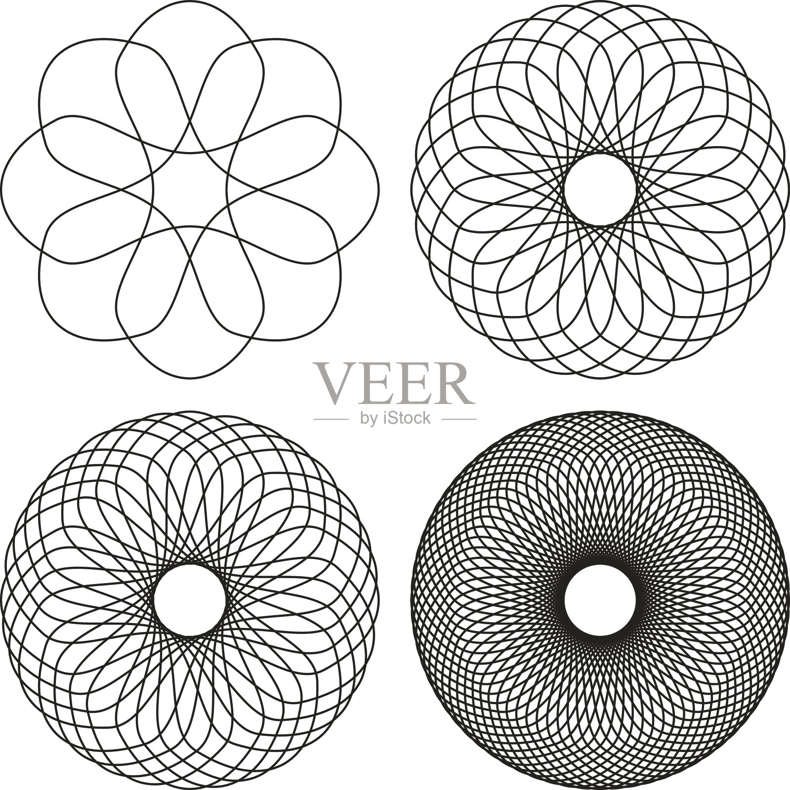 一组四个黑线螺旋线抽象元素插画图片素材