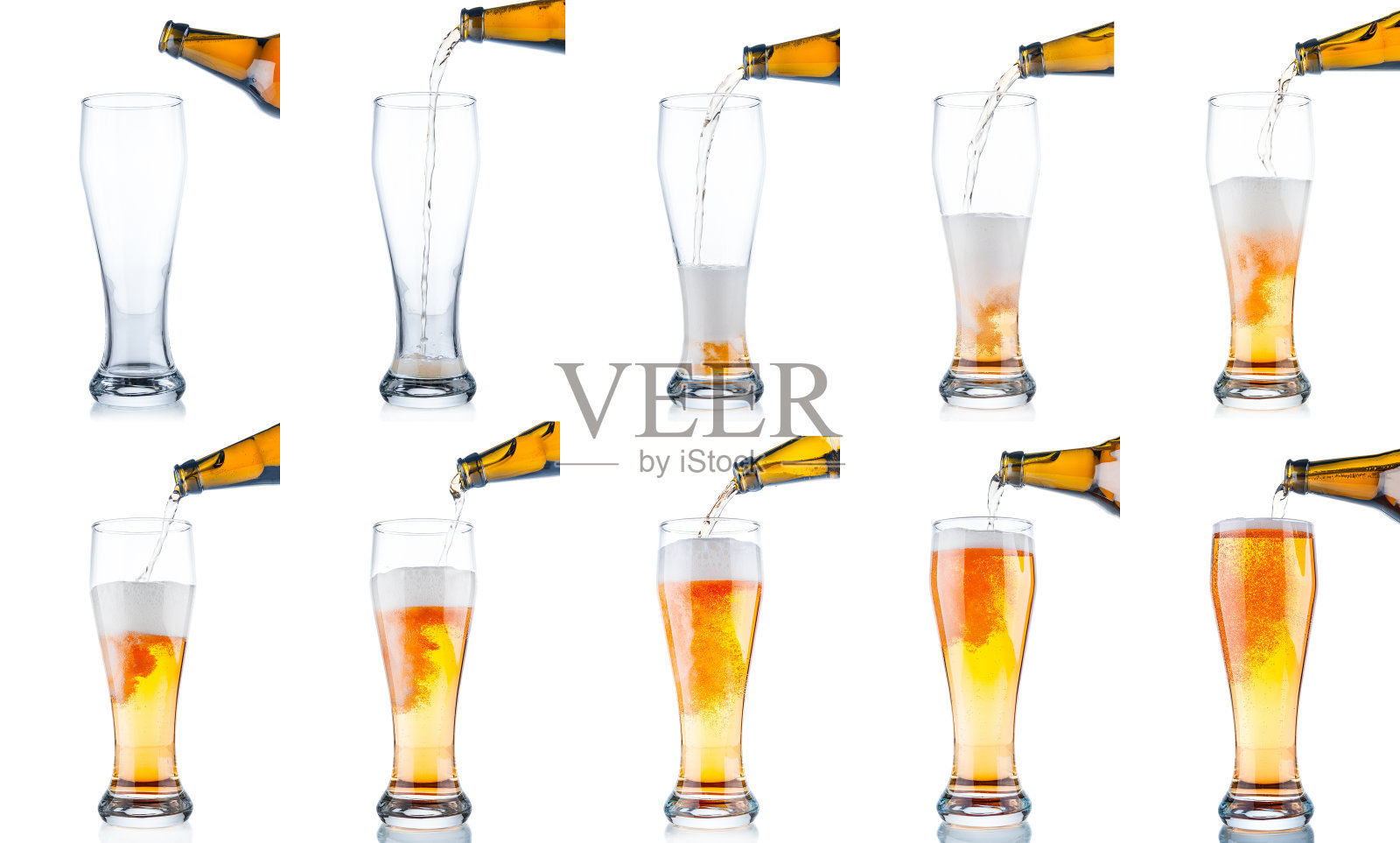 一组啤酒从瓶子倒入玻璃隔离在白色背景照片摄影图片