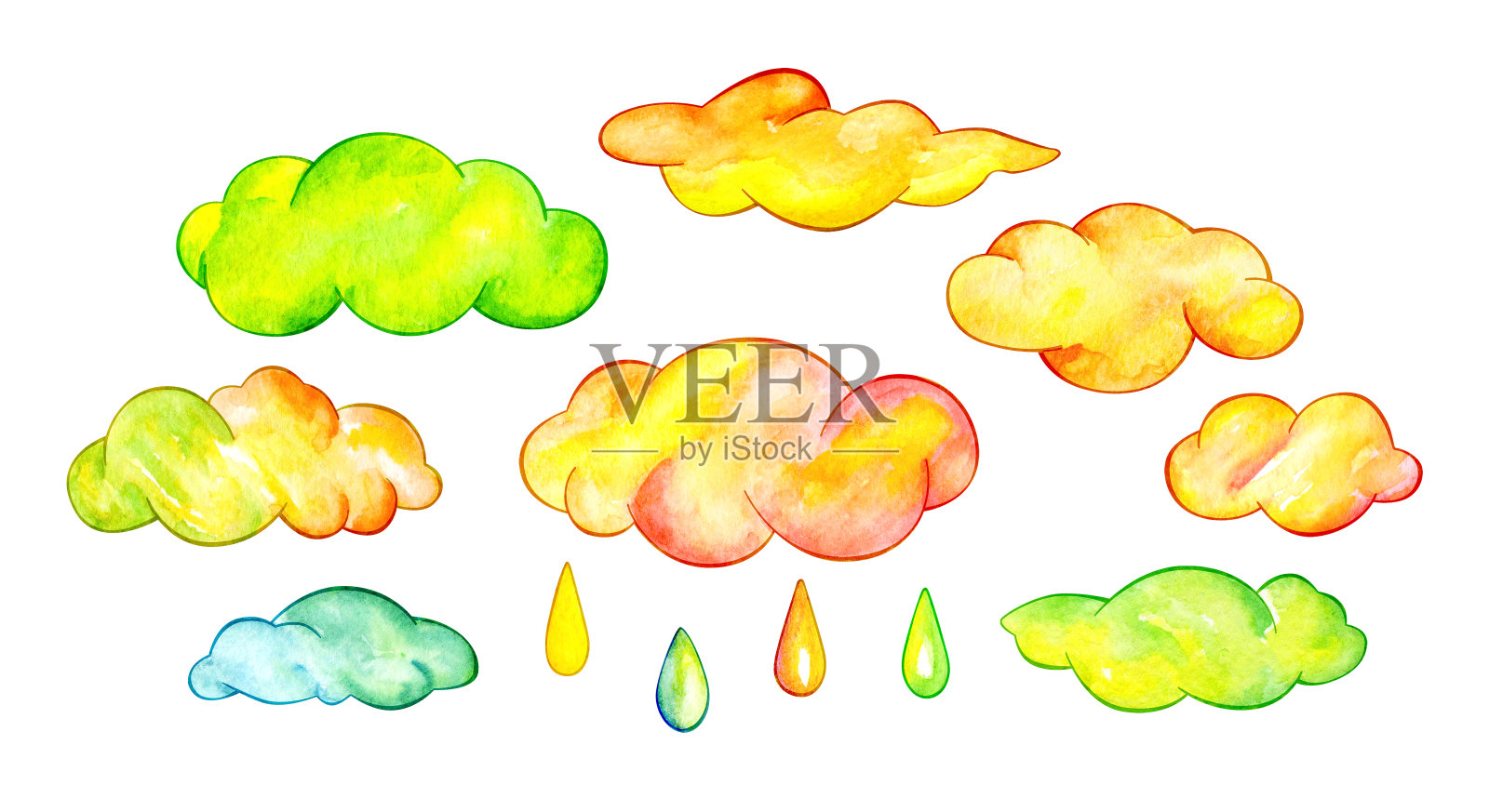 五彩的云和雨滴。水彩插图插画图片素材