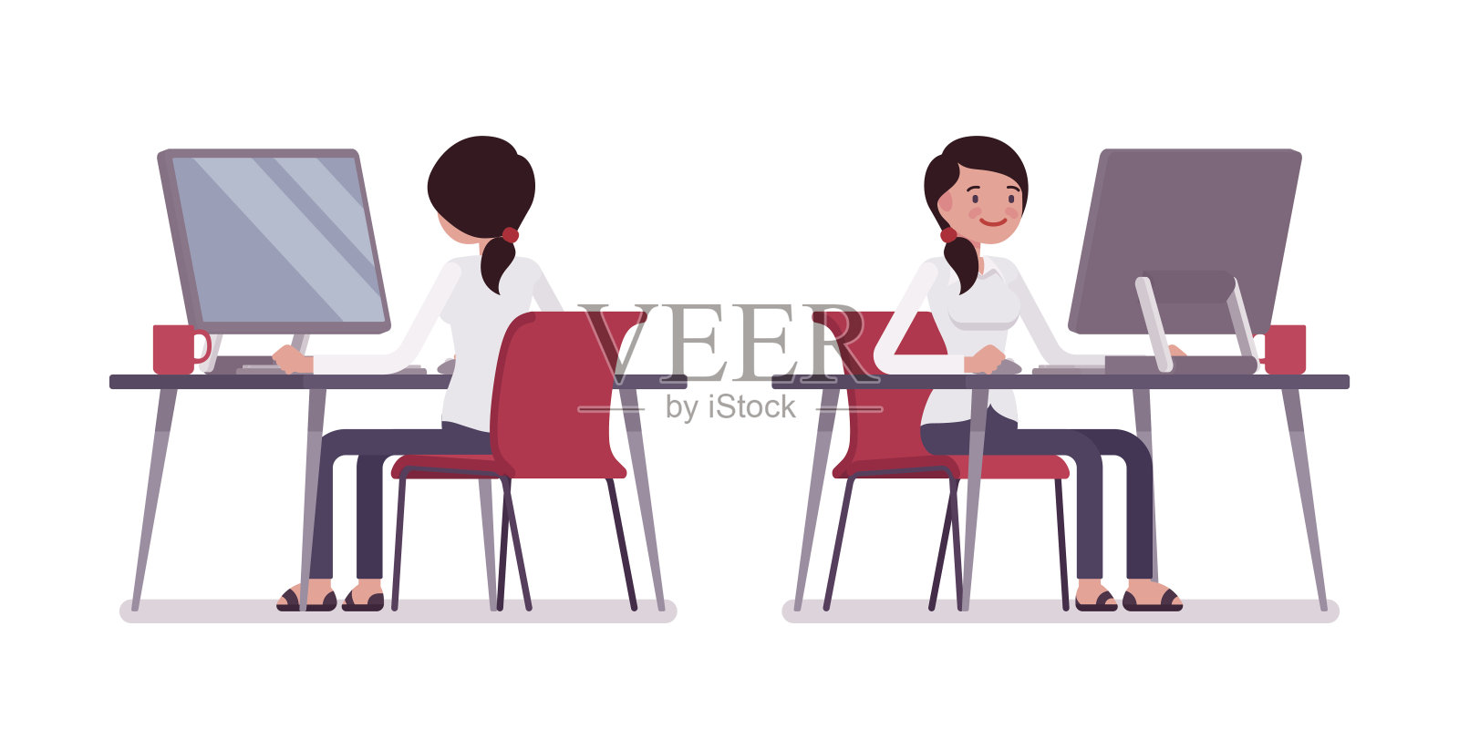 年轻的女职员在电脑前工作，前后视图插画图片素材