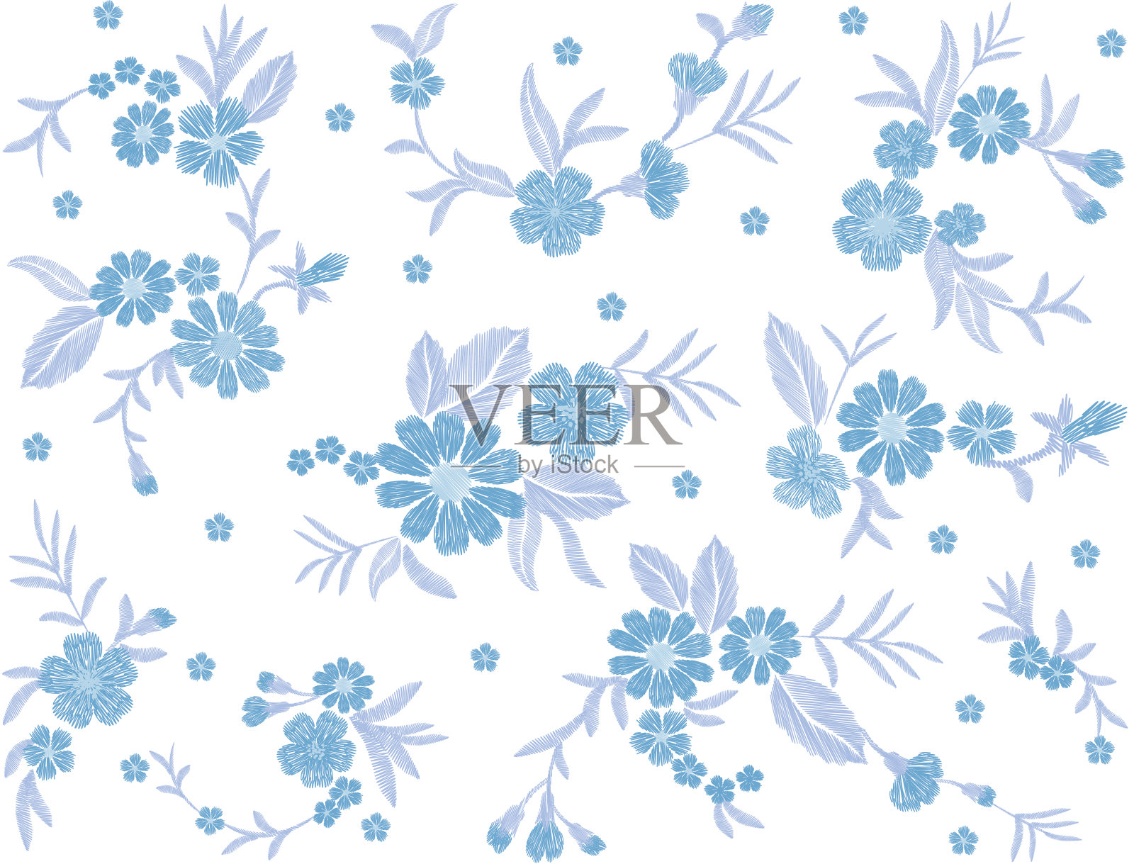 刺绣的蓝色花补丁罂粟和雏菊佩斯利花插画图片素材