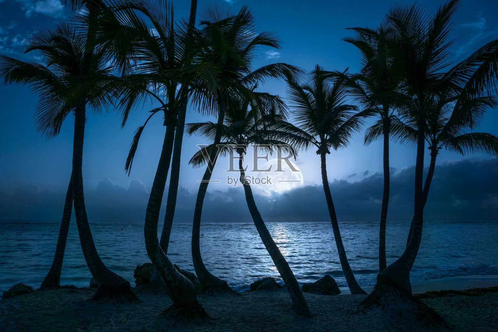 美丽的满月倒映在热带海滩平静的水面上照片摄影图片