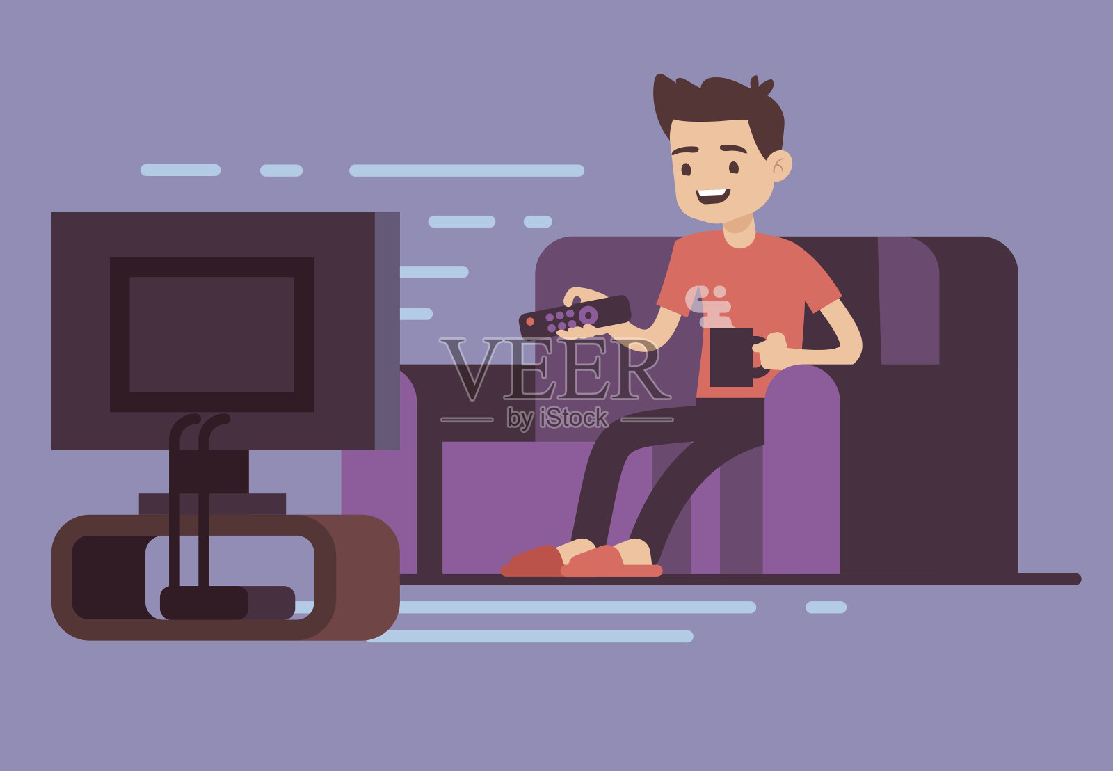 在家屋里，男人在沙发上看电视和喝咖啡，室内矢量插图插画图片素材