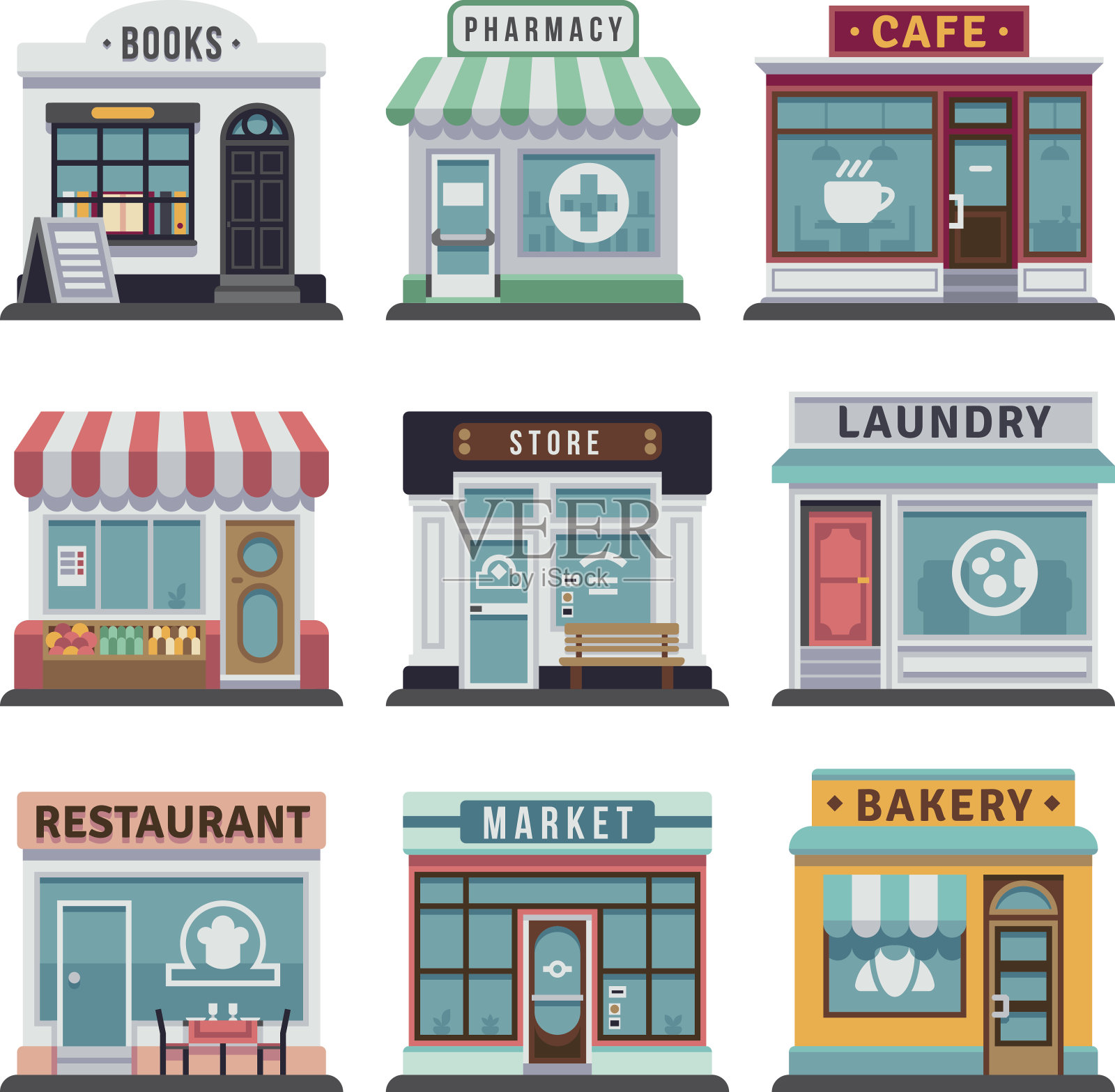 现代快餐店和商店建筑，商店立面，精品店与展示平面图标设计元素图片