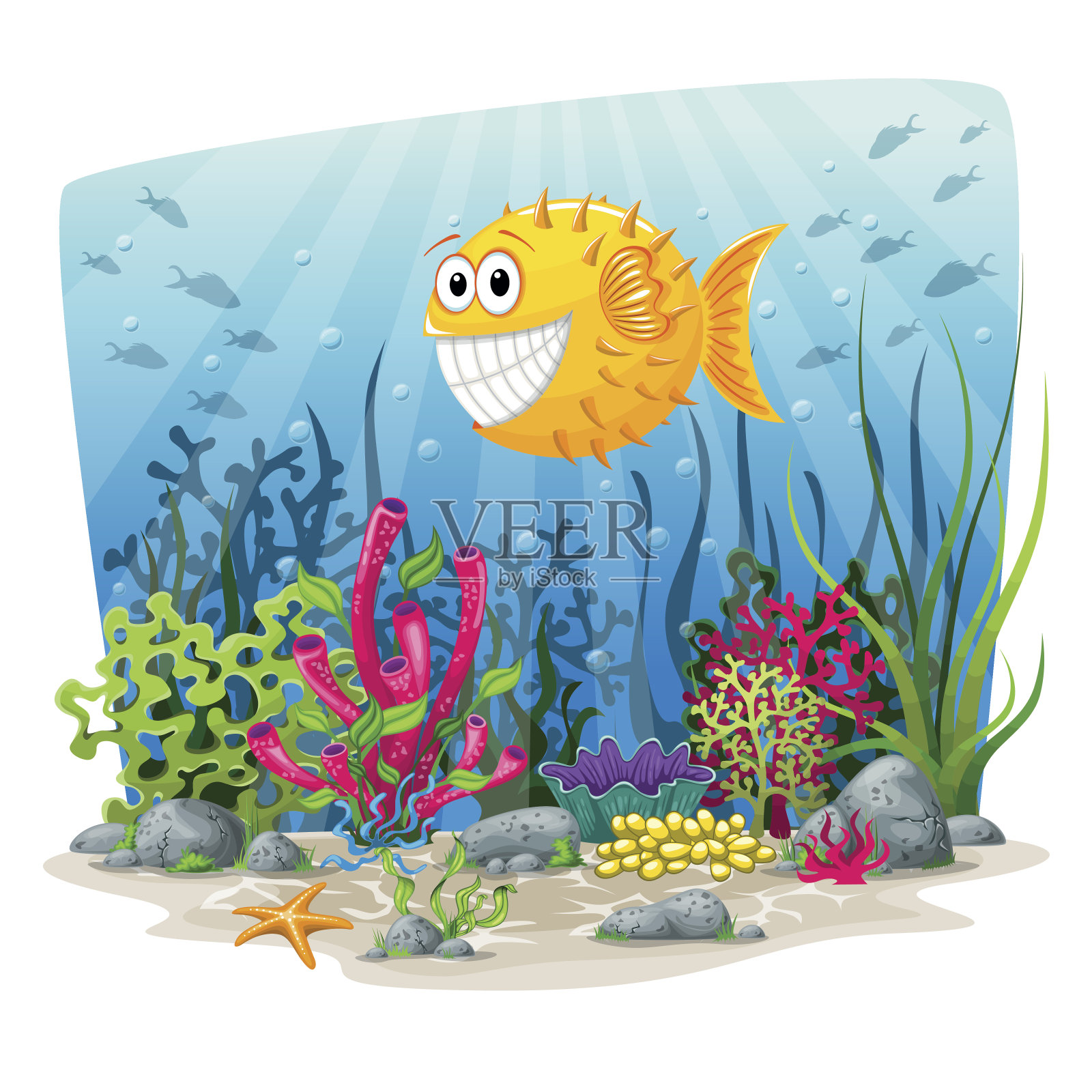 插图的水下景观与鱼和植物插画图片素材