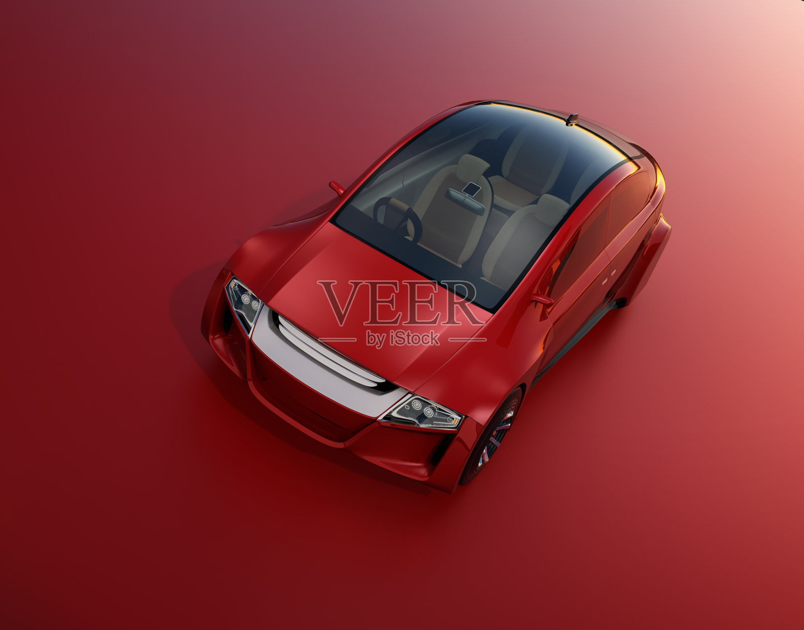 深红色背景下的金属红色自动驾驶汽车插画图片素材