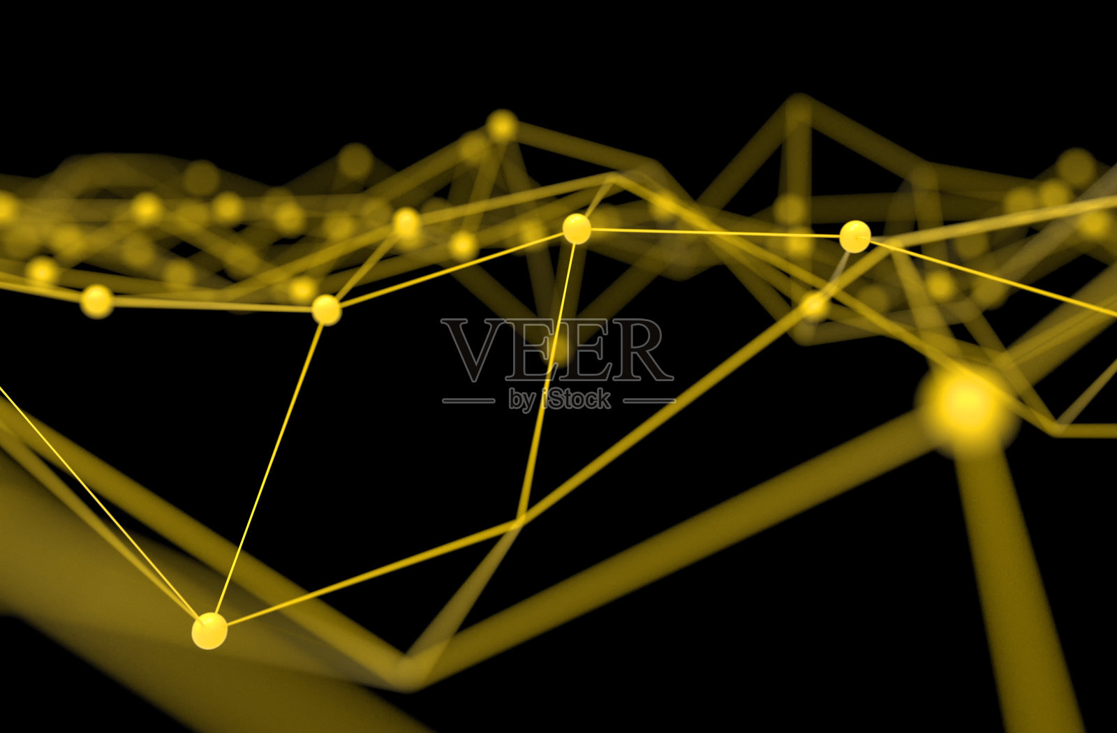 区块链网络，机器学习，深度学习和神经网络的概念。黄色分布式连接原子，黑色背景，3d渲染照片摄影图片
