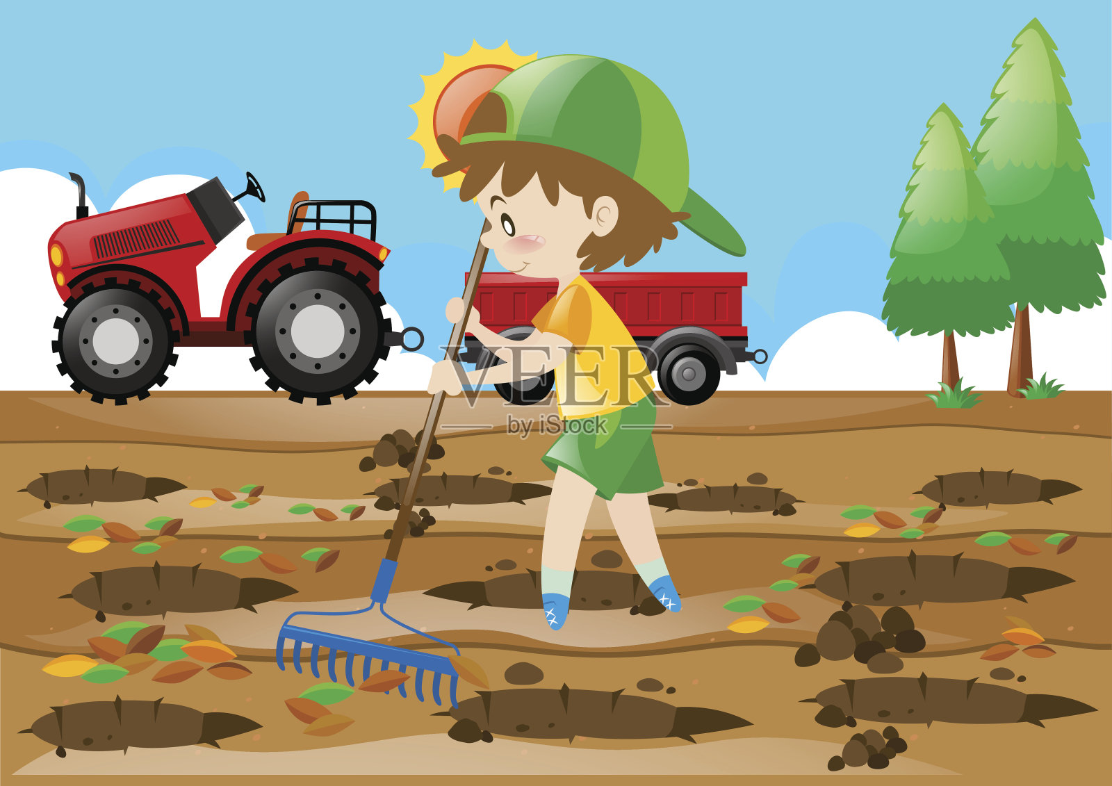 农场小男孩在田里耙树叶插画图片素材