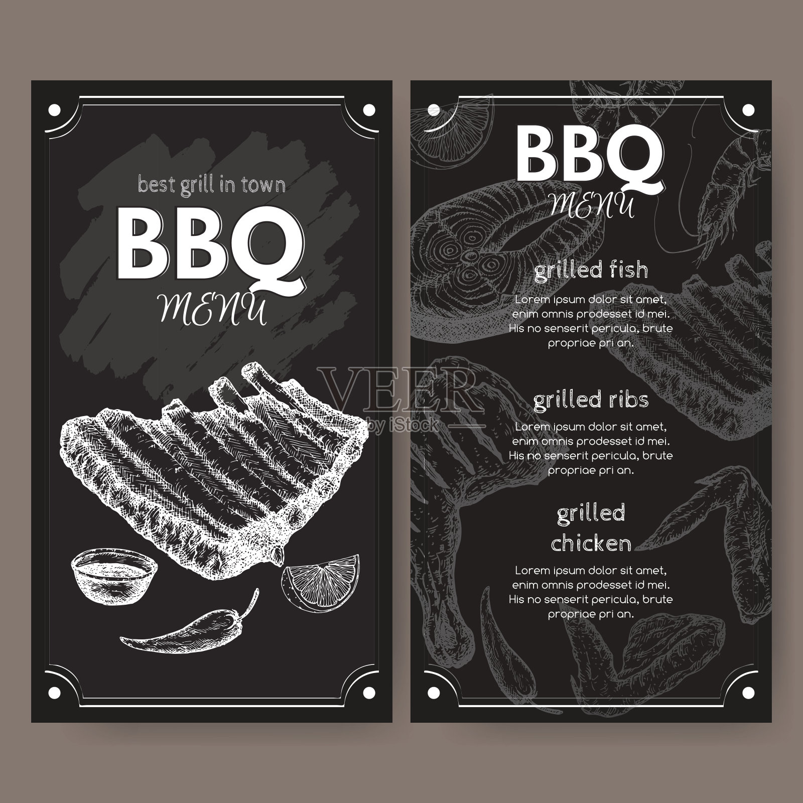 复古烧烤餐厅菜单模板与手绘草图设计模板素材