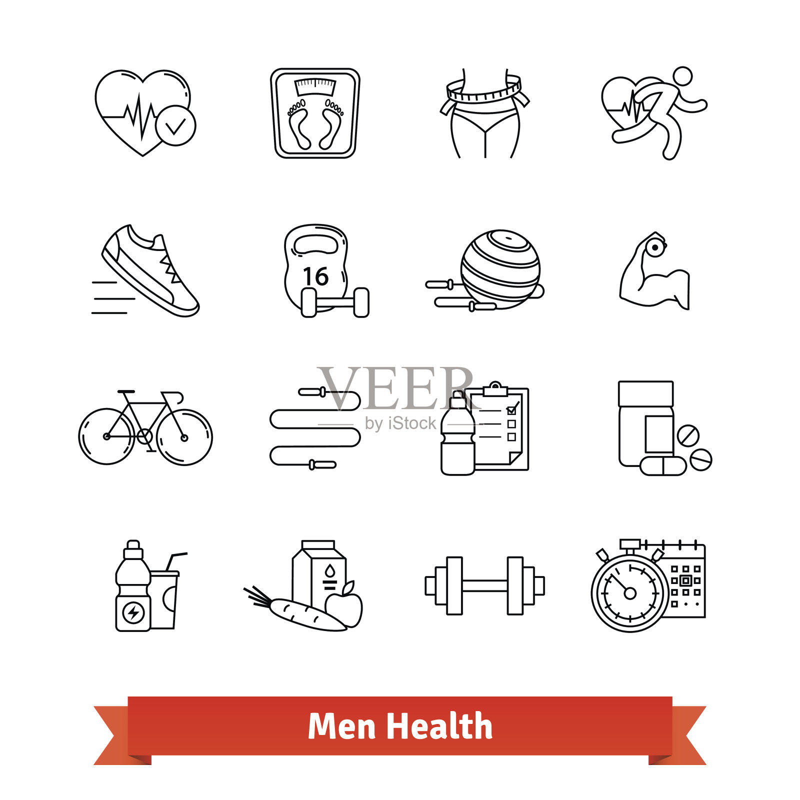 健身与男人健康。细线艺术图标集图标素材