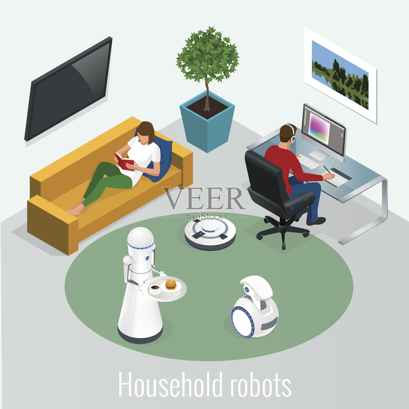 等距机器人家务和技术概念插画图片素材