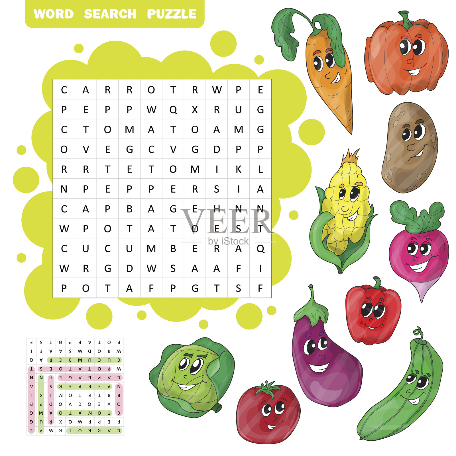 关于蔬菜的矢量教育游戏。单词搜索难题插画图片素材