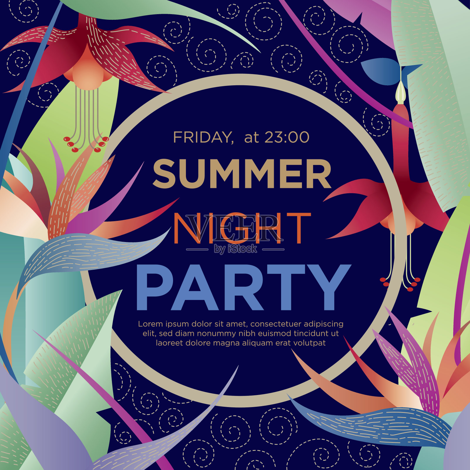 夏天晚上的聚会。矢量模板的横幅，海报，邀请。可用于广告、聚会邀请、销售设计模板素材