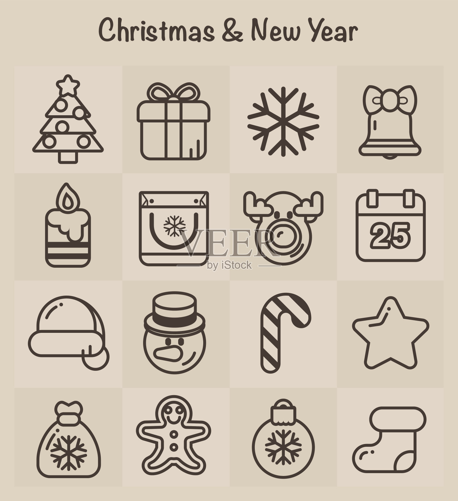 轮廓图标:圣诞节和新年图标素材