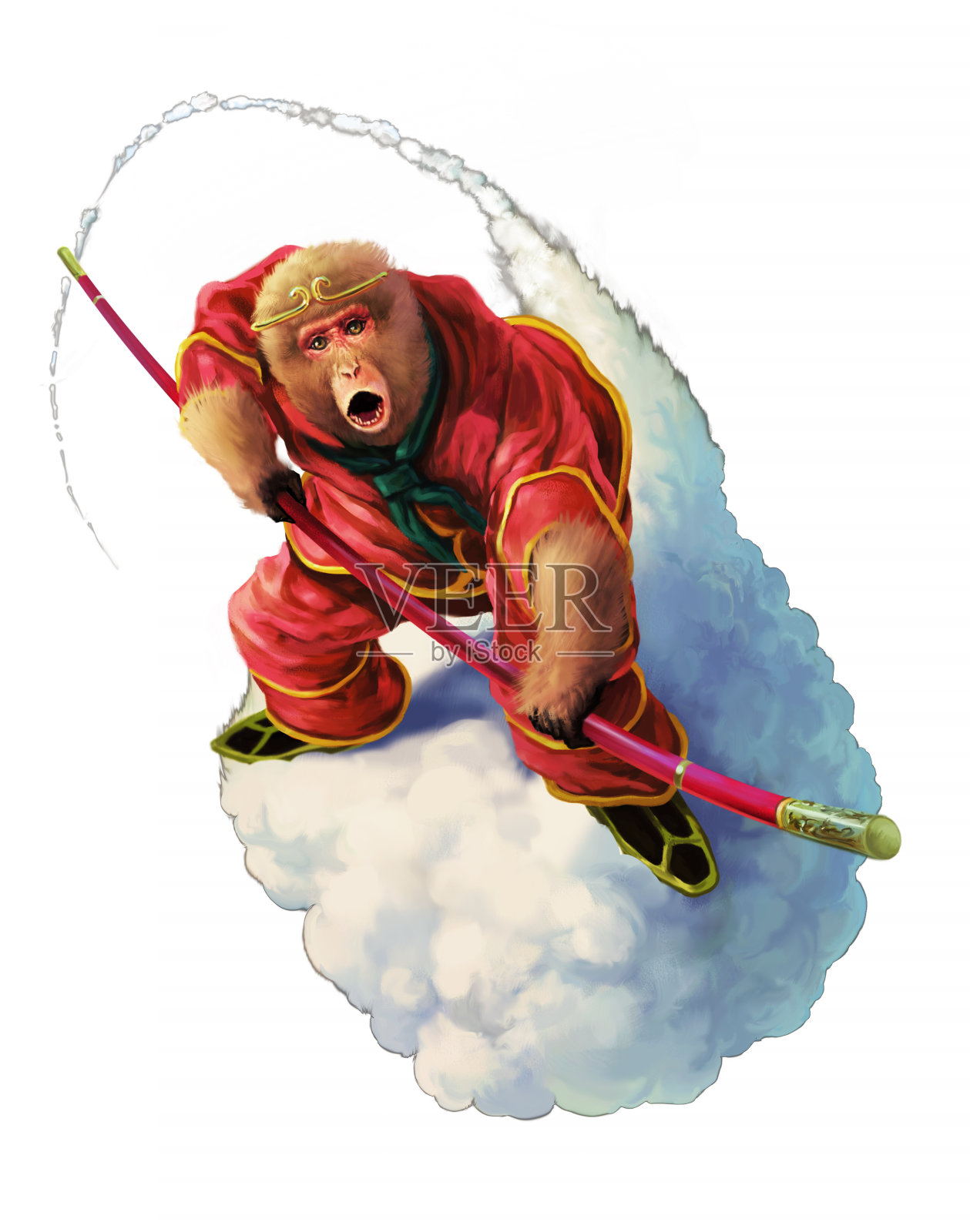 西游记猴与云一起飞翔。插画图片素材