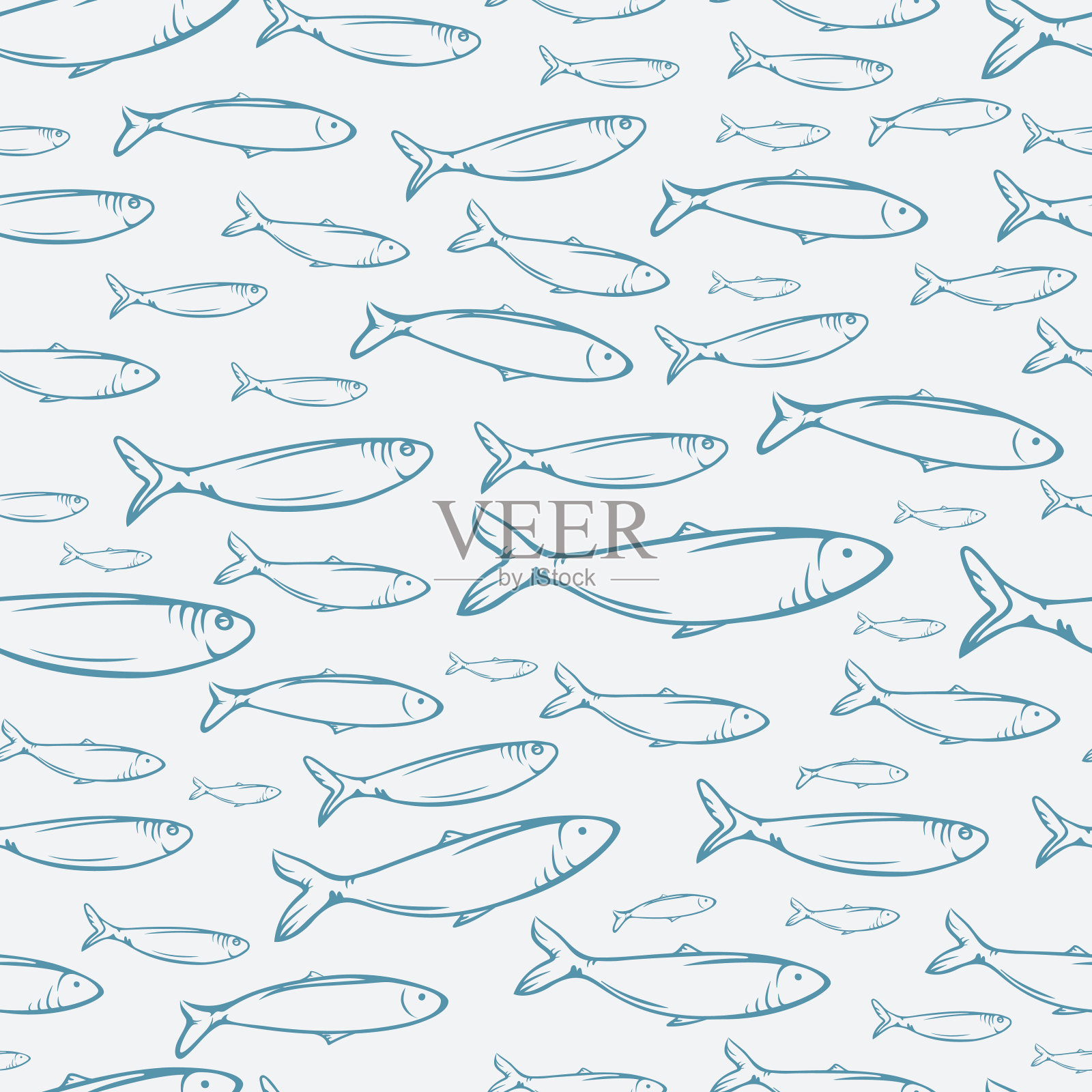 无缝航海模式与蓝色轮廓鱼。插画图片素材