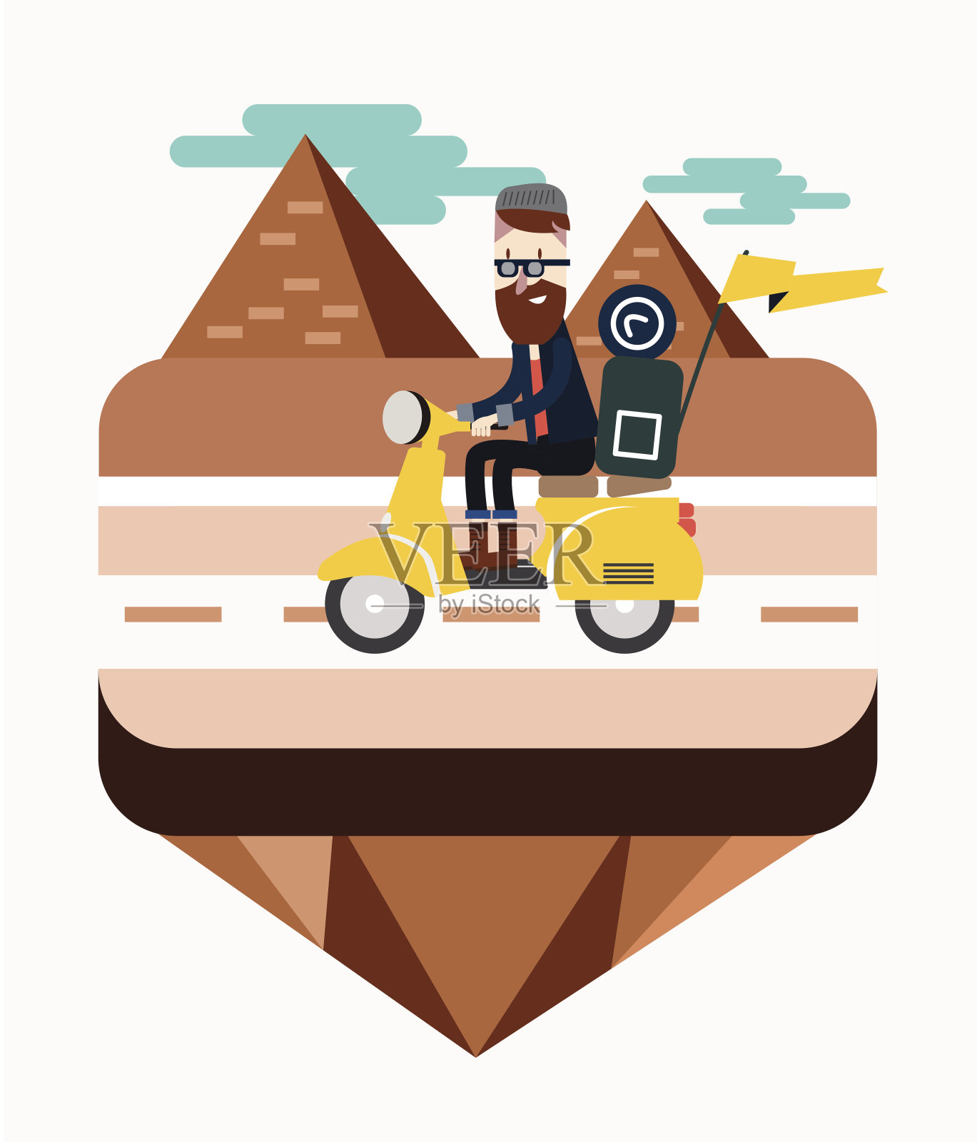 赶时髦的人骑着摩托车靠近埃及金字塔的场景。插画图片素材