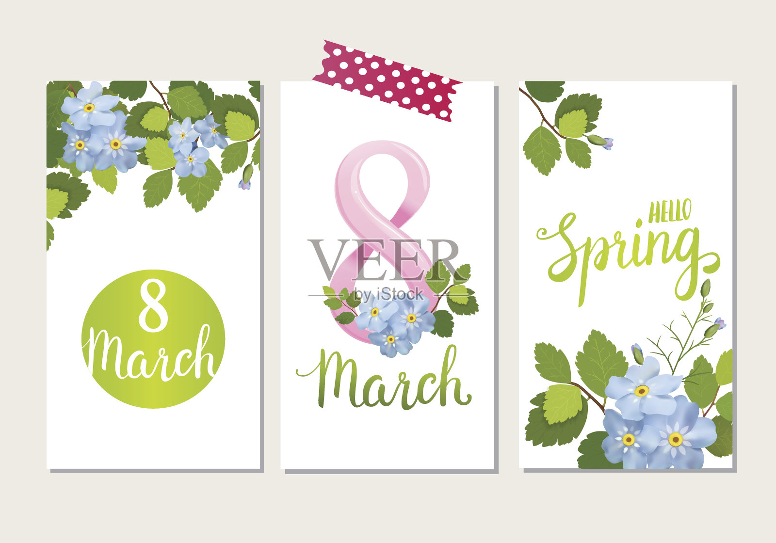 美丽的贺卡与节日3月8日，国际妇女节与春天的鲜花和字母。设计模板素材
