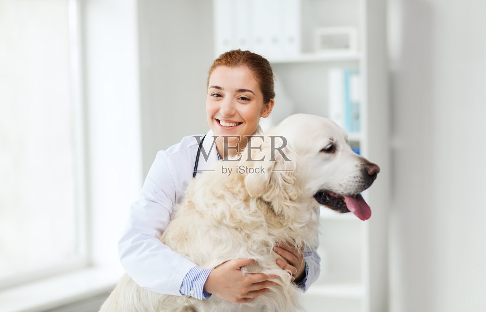 快乐的医生和猎犬在兽医诊所照片摄影图片