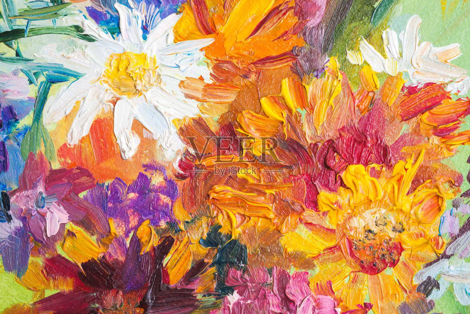 油画，特写片段。色彩鲜艳的花束照片摄影图片