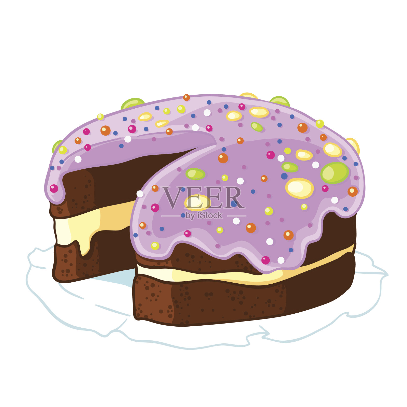 卡通图标切巧克力蛋糕与蓝莓糖霜和糖屑。插画图片素材