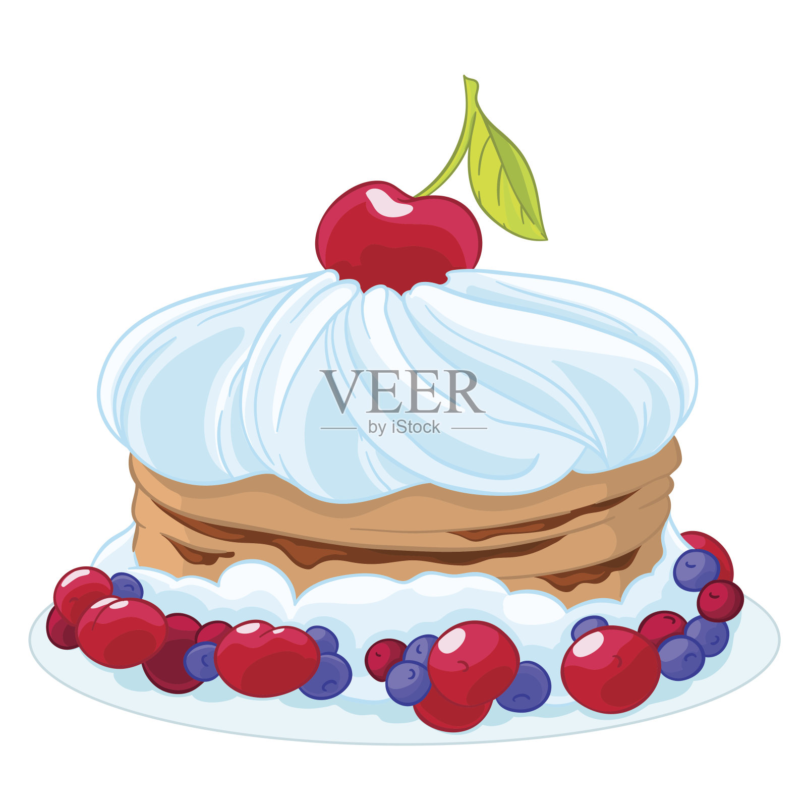图标甜卡通蛋糕与掼奶油，樱桃，蓝莓和浆果。为生日请客。设计元素图片