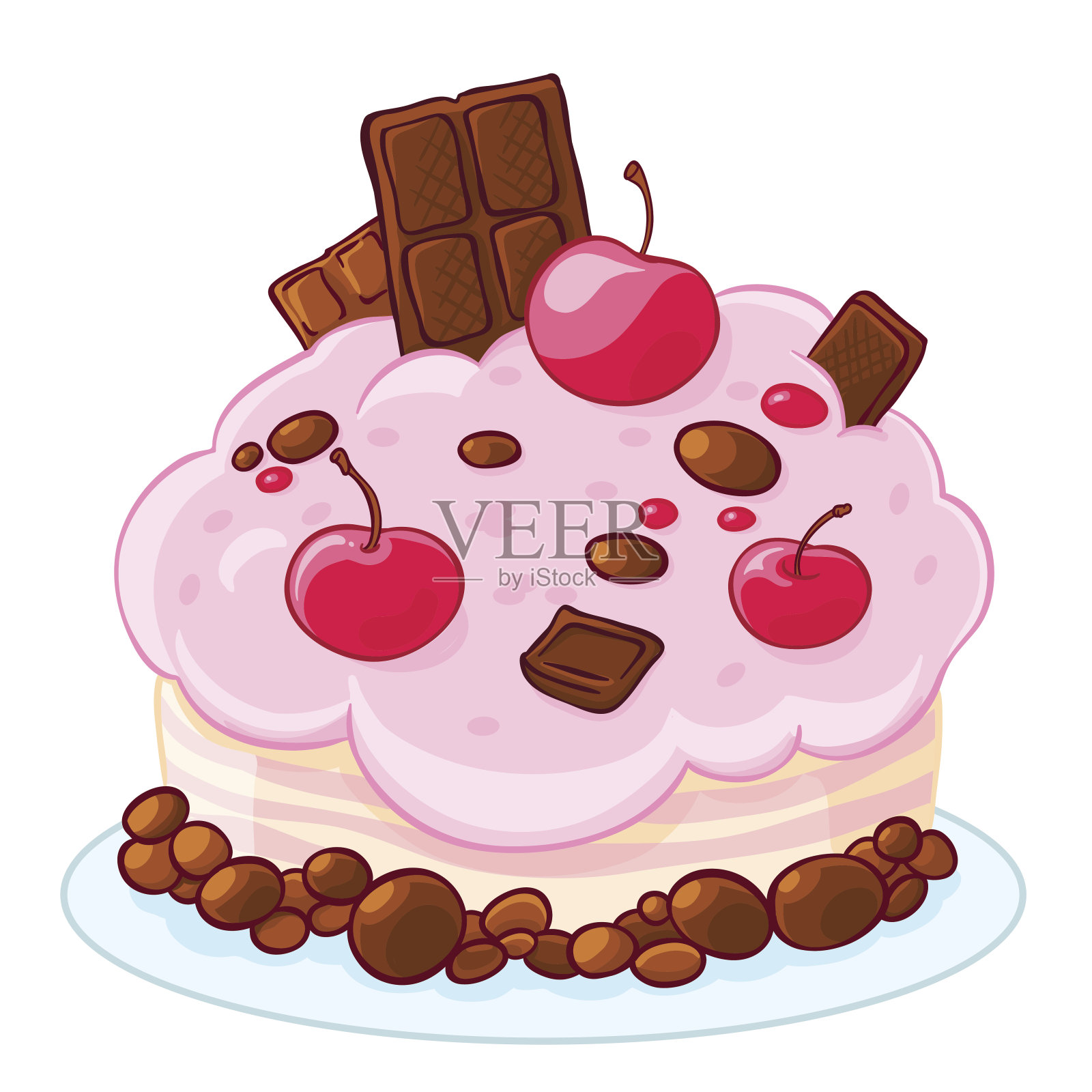 卡通图标美味海绵蛋糕与巧克力，果冻豆和樱桃。为生日请客。插画图片素材