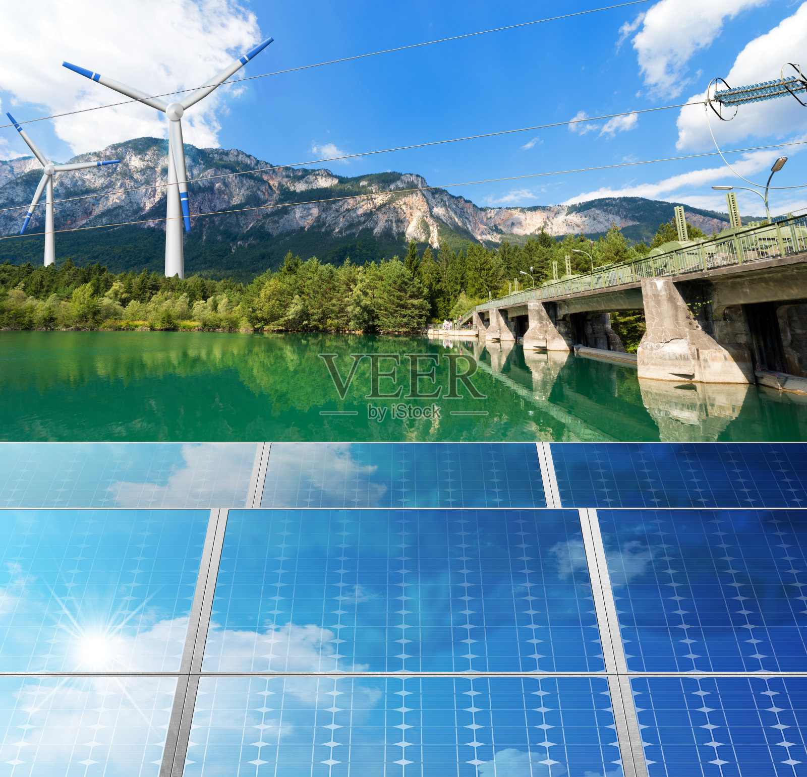 可再生能源-阳光、风、水插画图片素材
