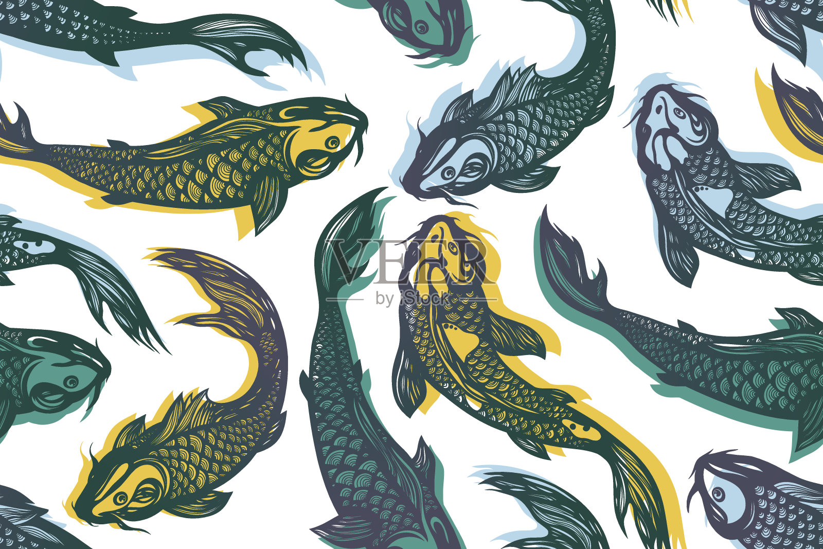 无缝图案与锦鲤鱼。池塘。背景在中国风格。手绘。矢量插图。插画图片素材