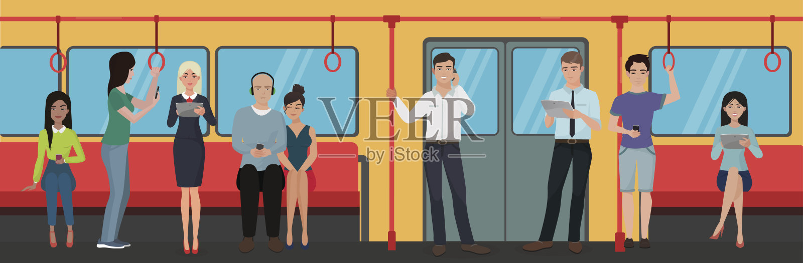 人们在地铁和公共交通中使用智能手机。插画图片素材