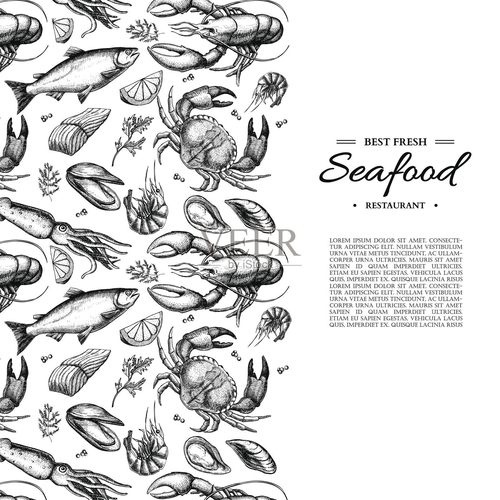 海产品手绘矢量图。蟹，龙虾，虾，牡蛎，贻贝，鱼子酱设计模板素材