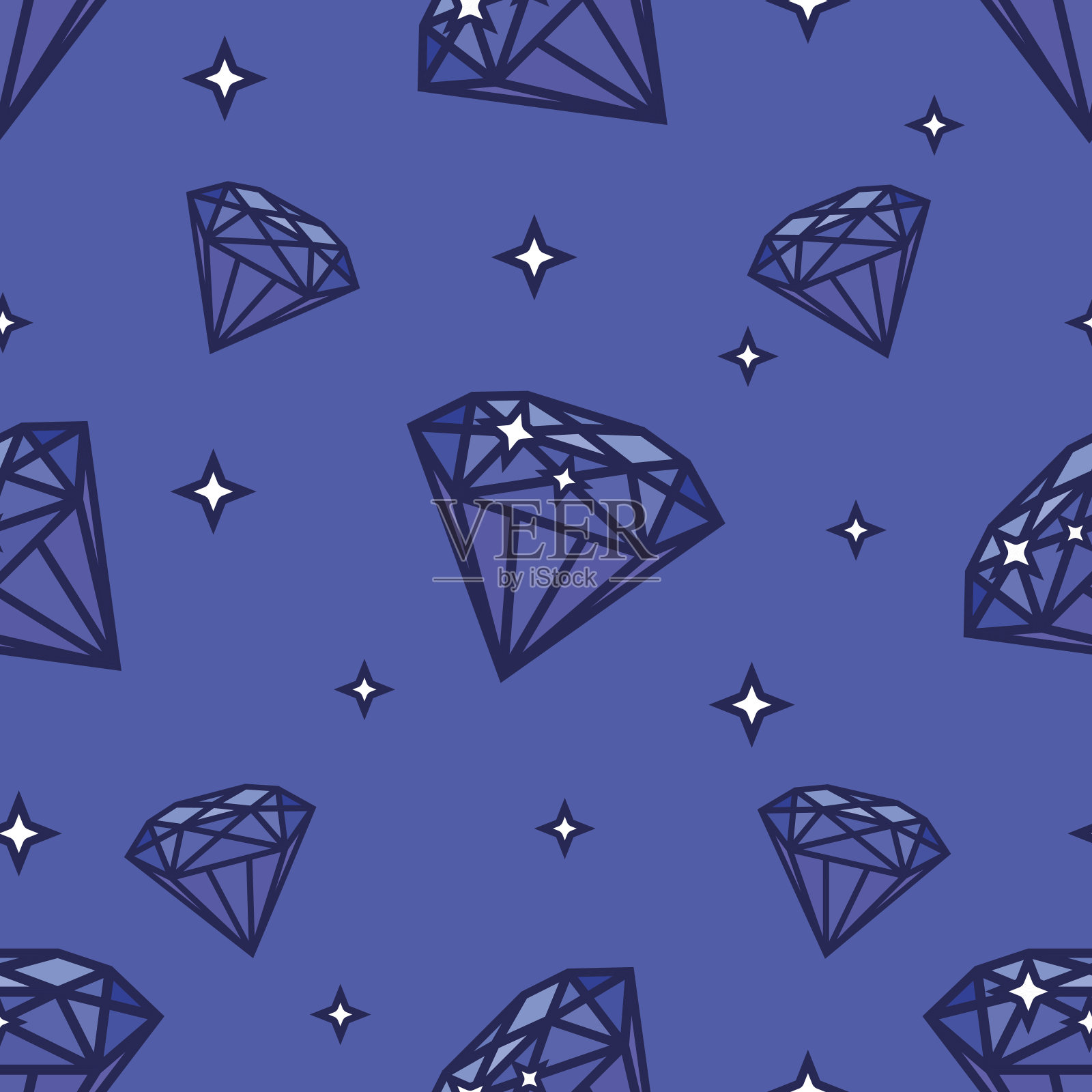 无缝的钻石模式。插图上的蓝色背景。宝石形状和星星插画图片素材