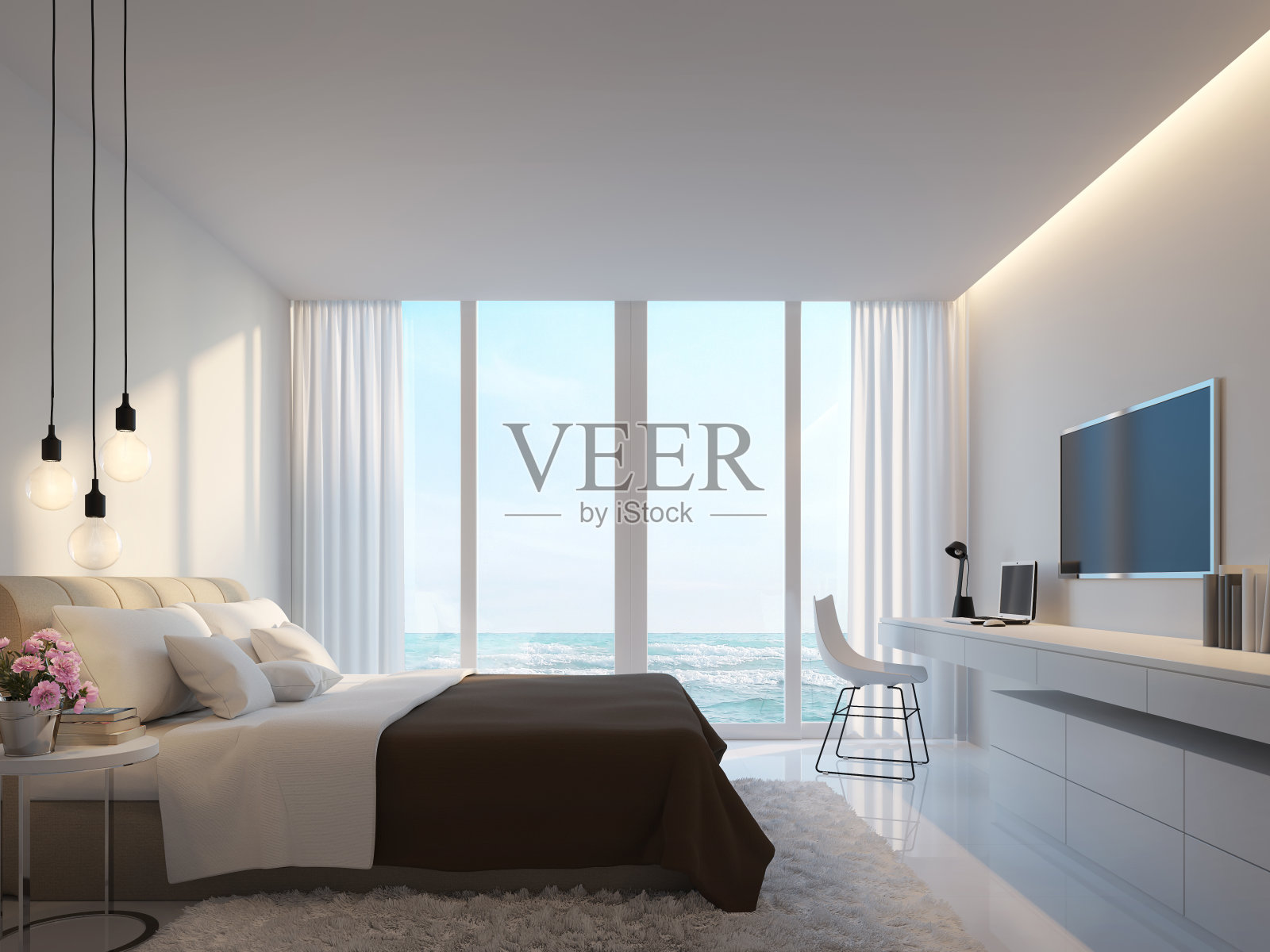现代白色卧室与海景3d渲染图像照片摄影图片