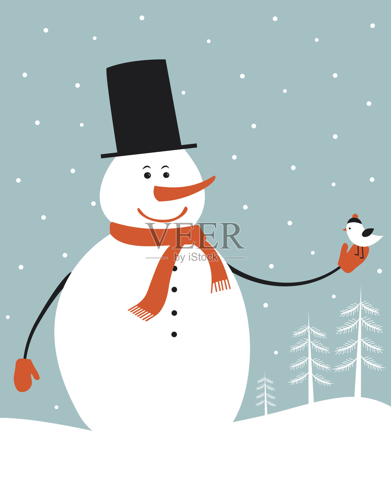 有雪人和小鸟的圣诞卡片。设计元素图片