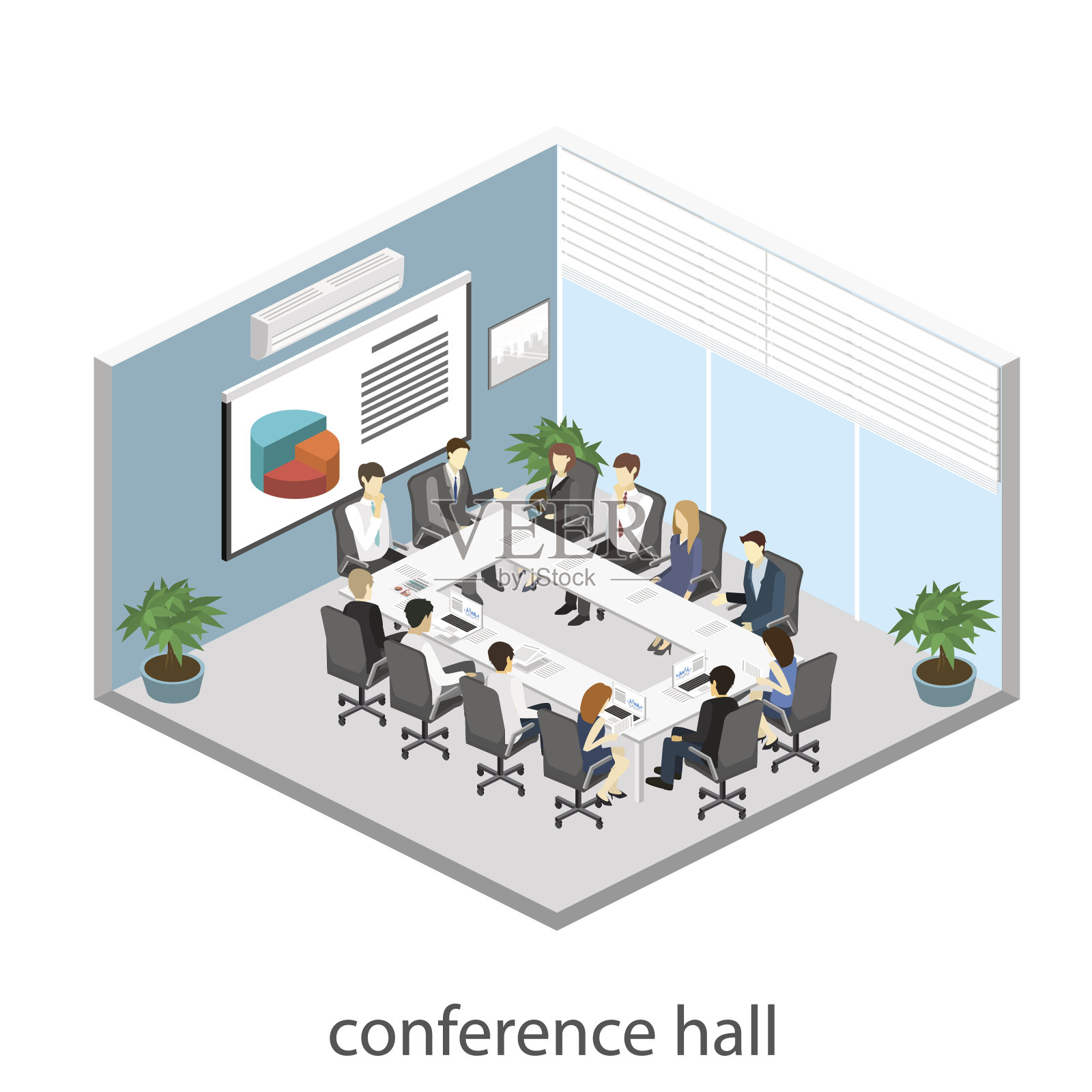 商务会议在办公室里围着桌子举行商务演示会议。插画图片素材