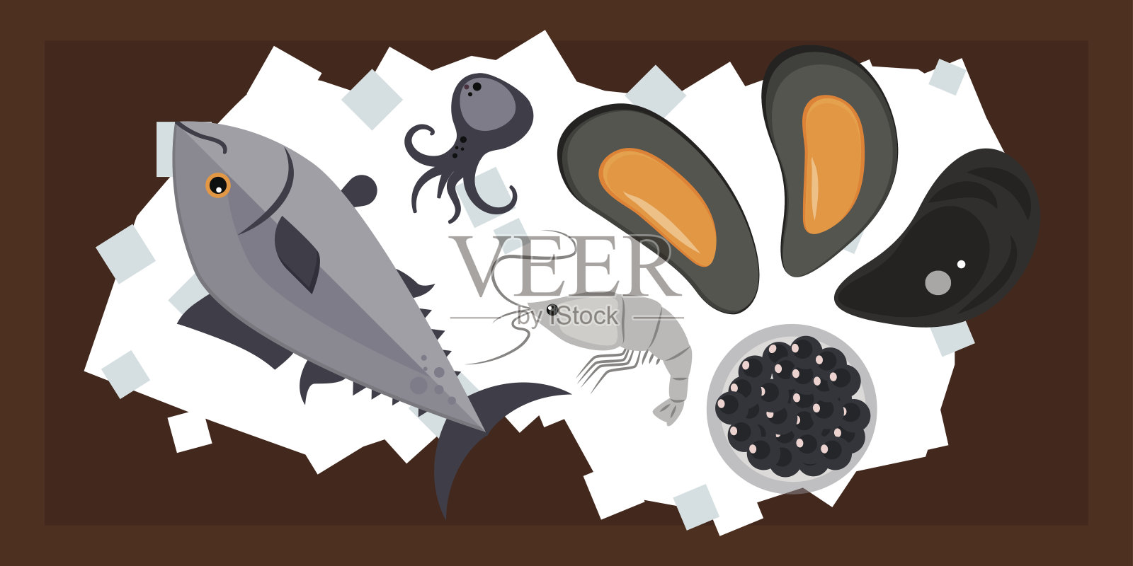 海鲜平美味烹饪美味可用于布局广告和鲜虾贝类网站设计美食餐厅餐点矢量插画插画图片素材
