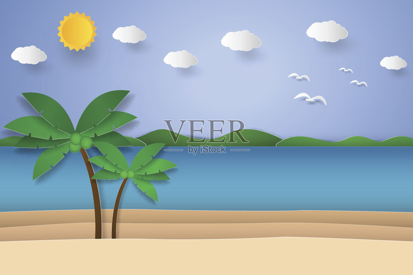 海滩和岛上有椰子树的海景插画图片素材