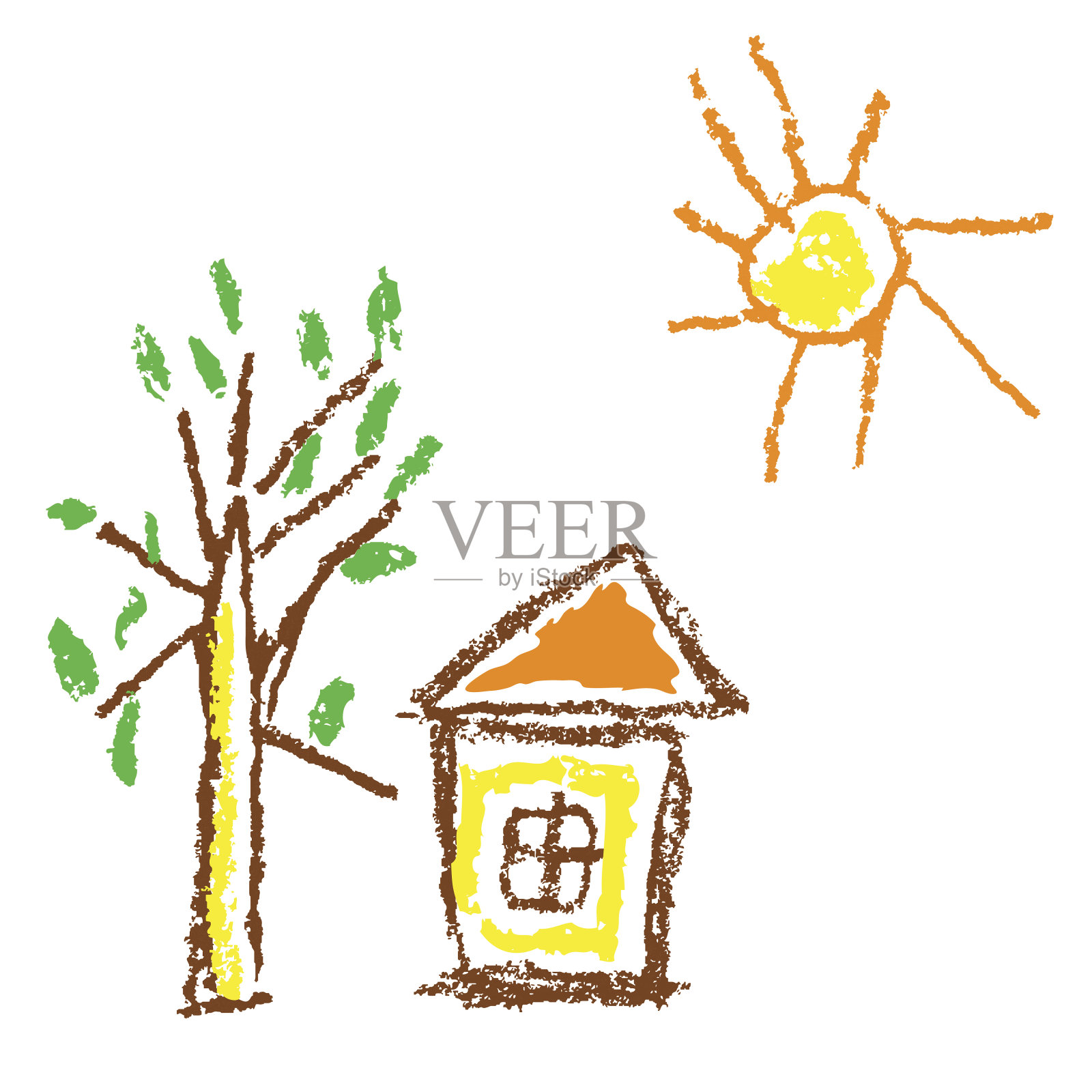 蜡笔像孩子的手画房子，太阳，树孤立在白色。就像孩子画的彩色粉笔矢量设计元素。设计元素图片