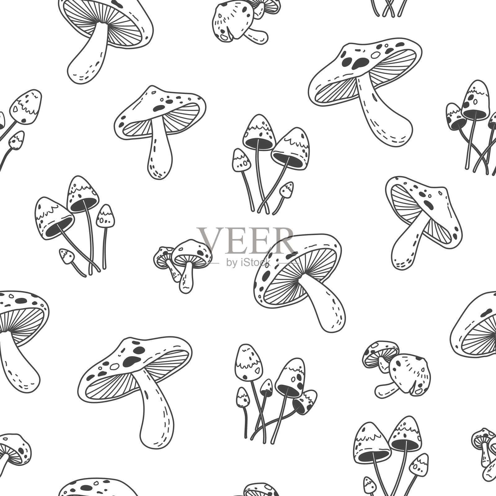 蘑菇涂鸦无缝图案白色插画图片素材