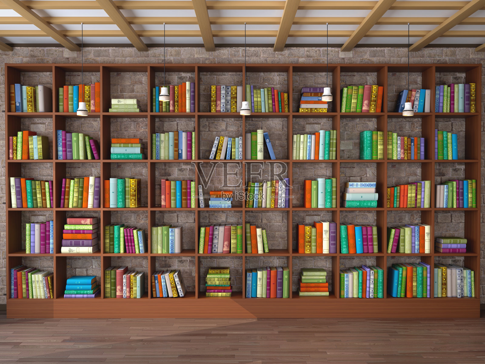 房间里的木架上放着不同的书。图书馆。3 d演示。照片摄影图片