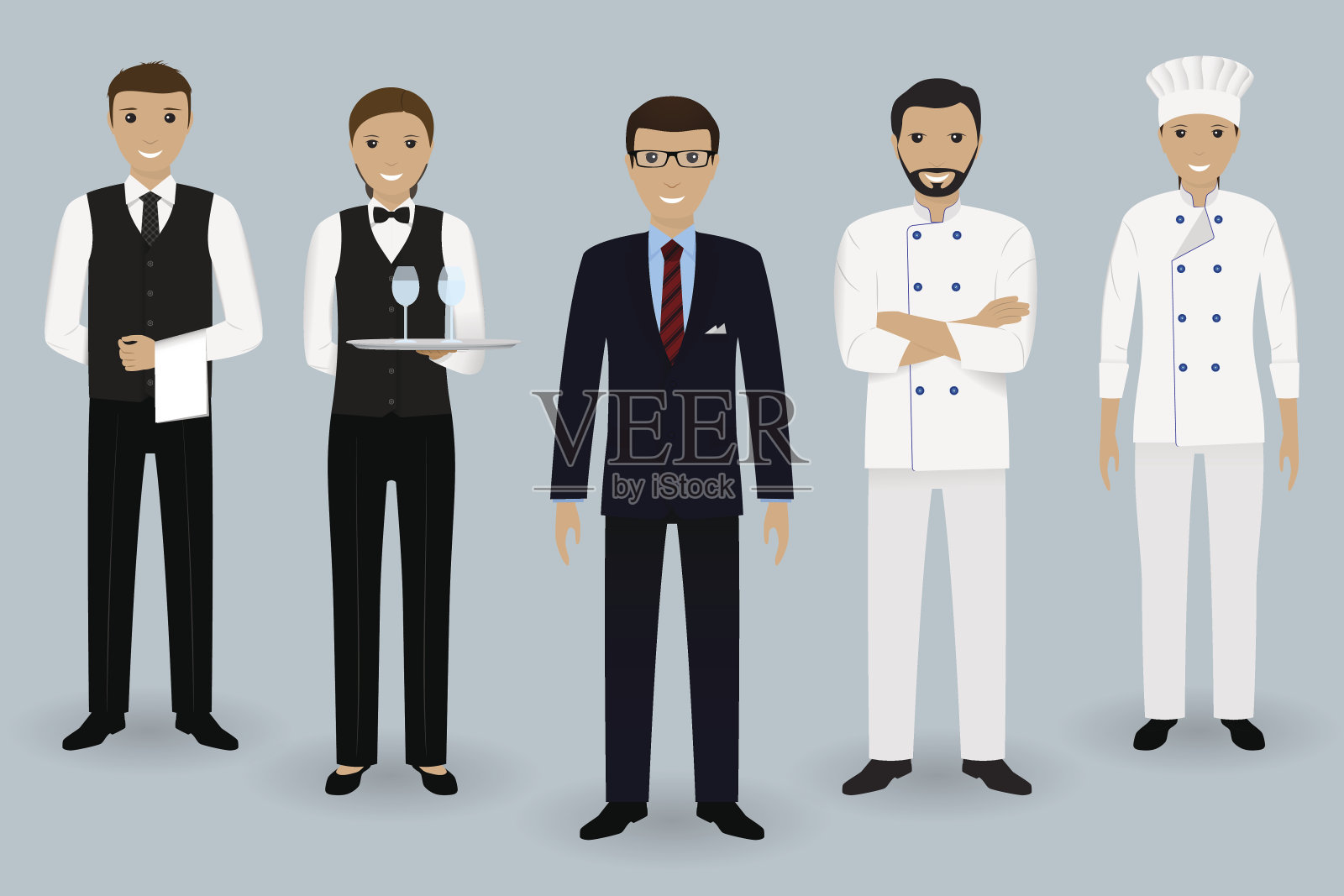餐厅团队年轻的角色。经理和厨师、厨师以及两名穿制服的服务员站在一起。插画图片素材